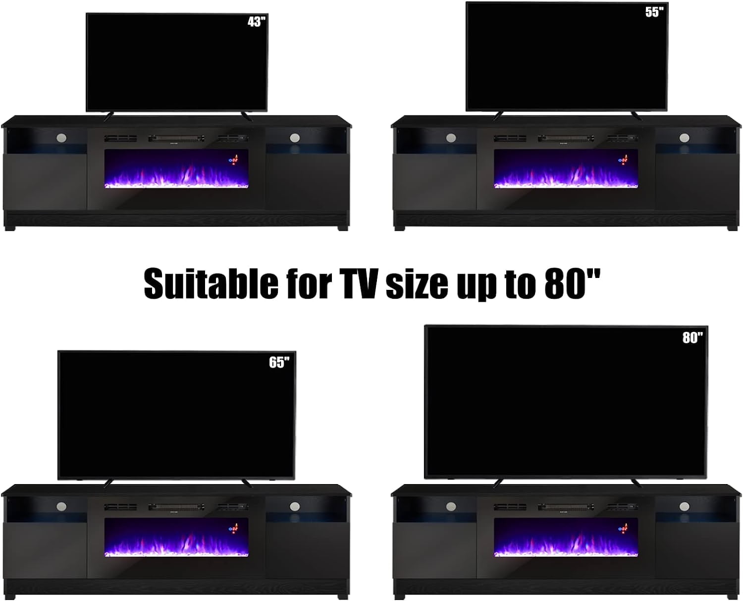 amerlife 80" TV Stand with 40" Electric Fireplace Large Modern Wood Texture Media Entertainment Center with Highlight Storage Cabinet and 12 Colors LED Lights for TVs Up to 90", 80 inches, Black