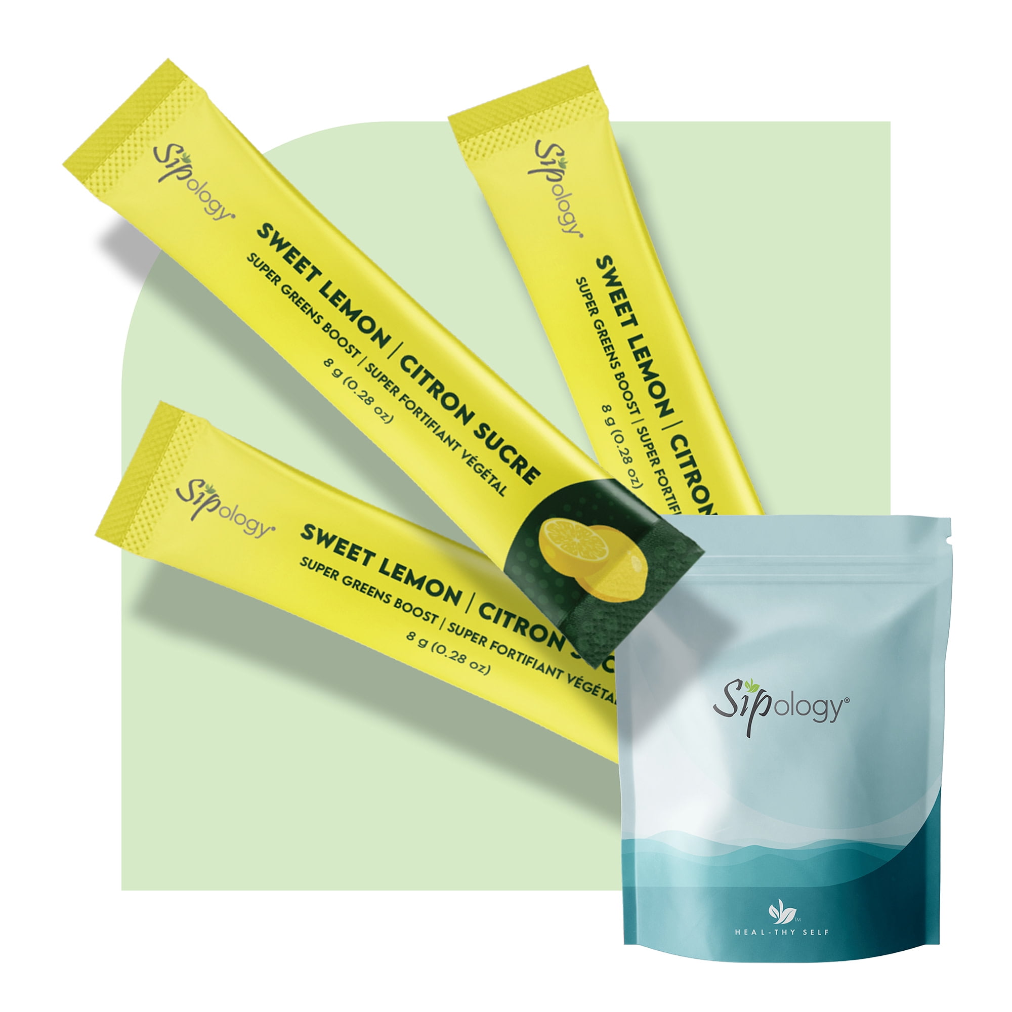 Sipology: Super Greens Boost - Sweet Lemon - 10 Stick Pack, Superfoods-Vitamins-Minerals-Nutrients, Mix Powder w/ Water-Smoothies-Protein Shakes