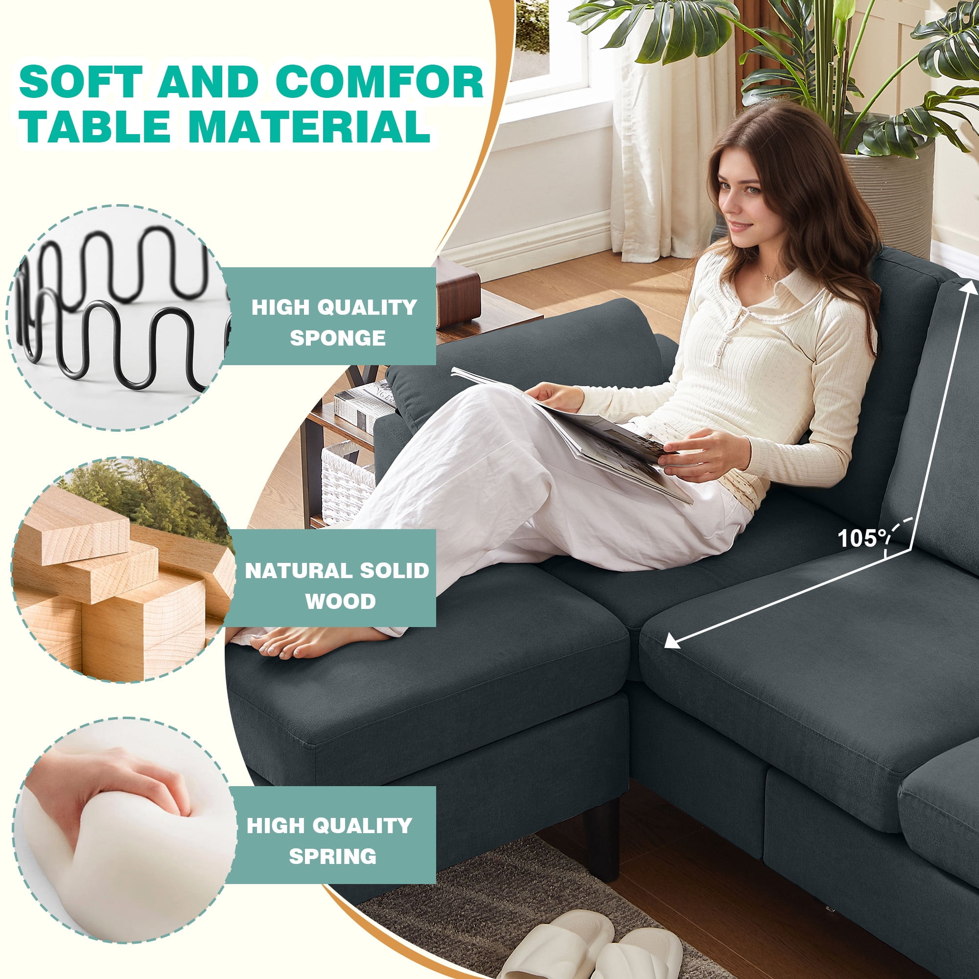 Jarenie 4 Piece Convertible Sectional Sofa Set, Modern Linen Small L Shaped Couch with Reversible Chaise, 3-Seater Sofa & Loveseat & Armchair for Living Room, Office, Apartment, Dark Grey