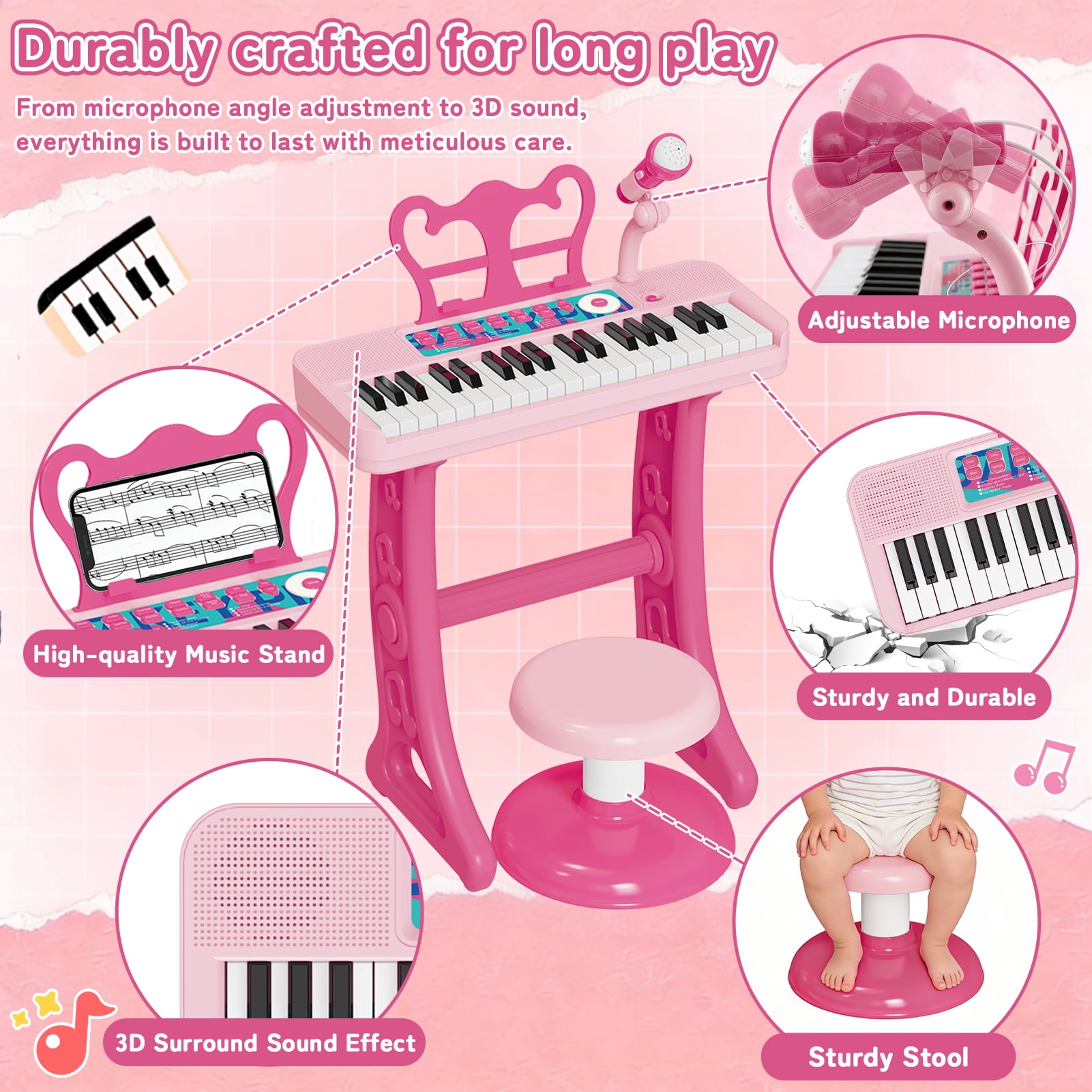 Tepear Kids Piano Keyboard Toys for Girls Age 3, 37 Keys Toddlers Piano Toy with Stool and Microphone, Pink Birthday Gift for 4 5 6 Years Old Boy Girl