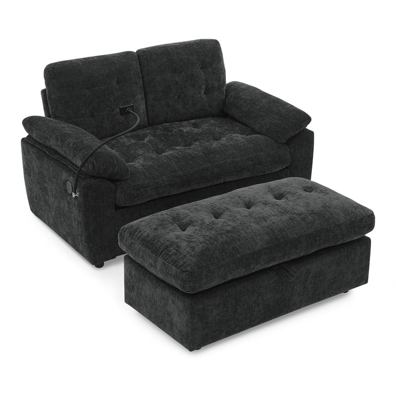 Double Sofa Recliner with Storage Ottoman, Manual Adjustable Reclining Loveseat with USB Charging Port, Phone Stand, and Soft Padded Armrests for Living Room, Apartment, and Home Theater