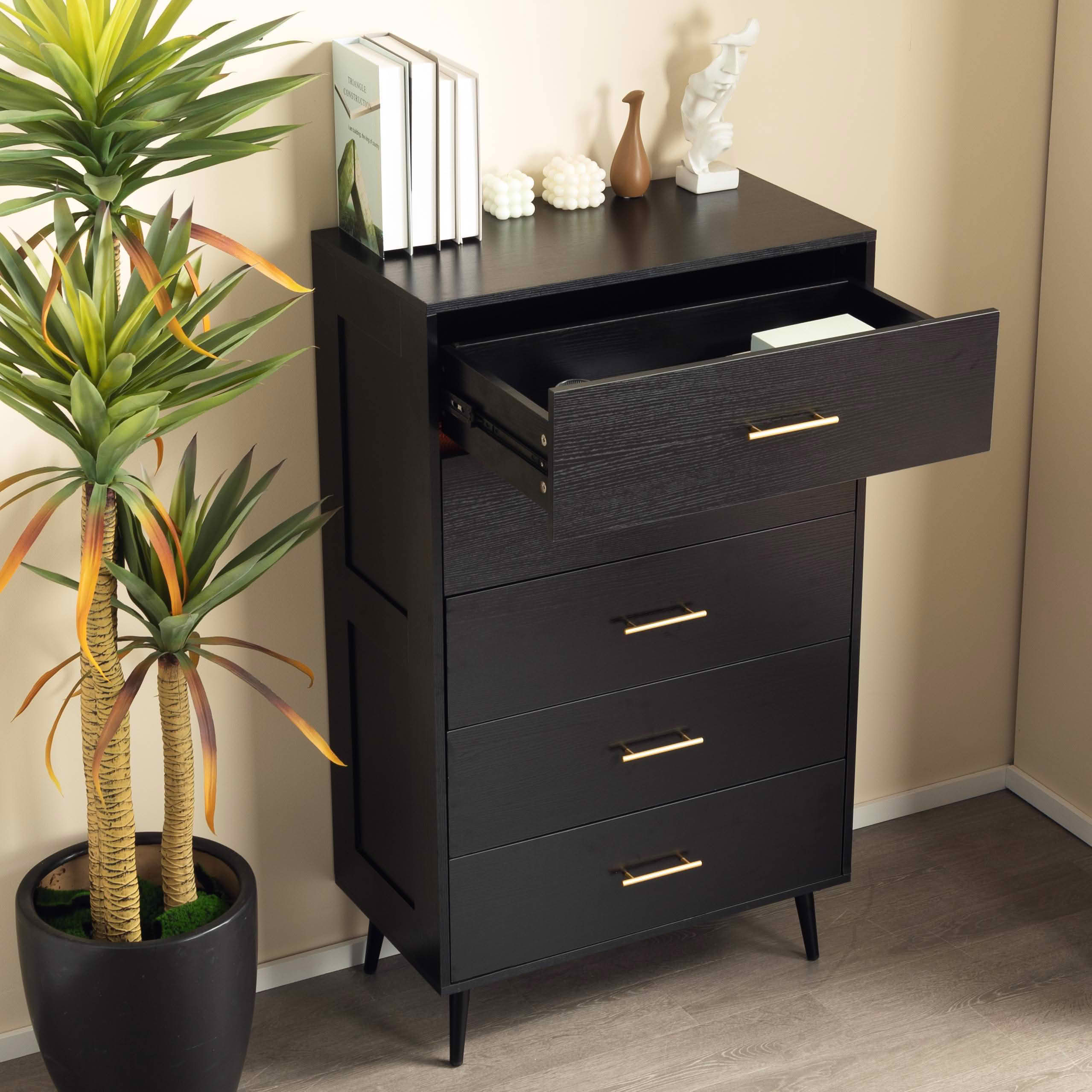 MAYEERTY 5-Drawer Chest, Modern Ash Wood Grain Storage Cabinet with Gold Metal Handles Tapered Legs