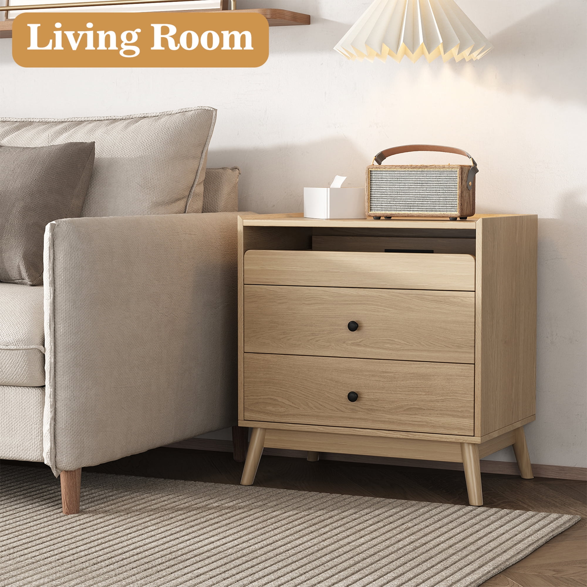 IDEALSOUL Nightstand Set of 2, 24 inch End Side Table with Hidden Charging Station, Large Wooden Night Stand for Bedroom Furniture(2pcs, Wood color)