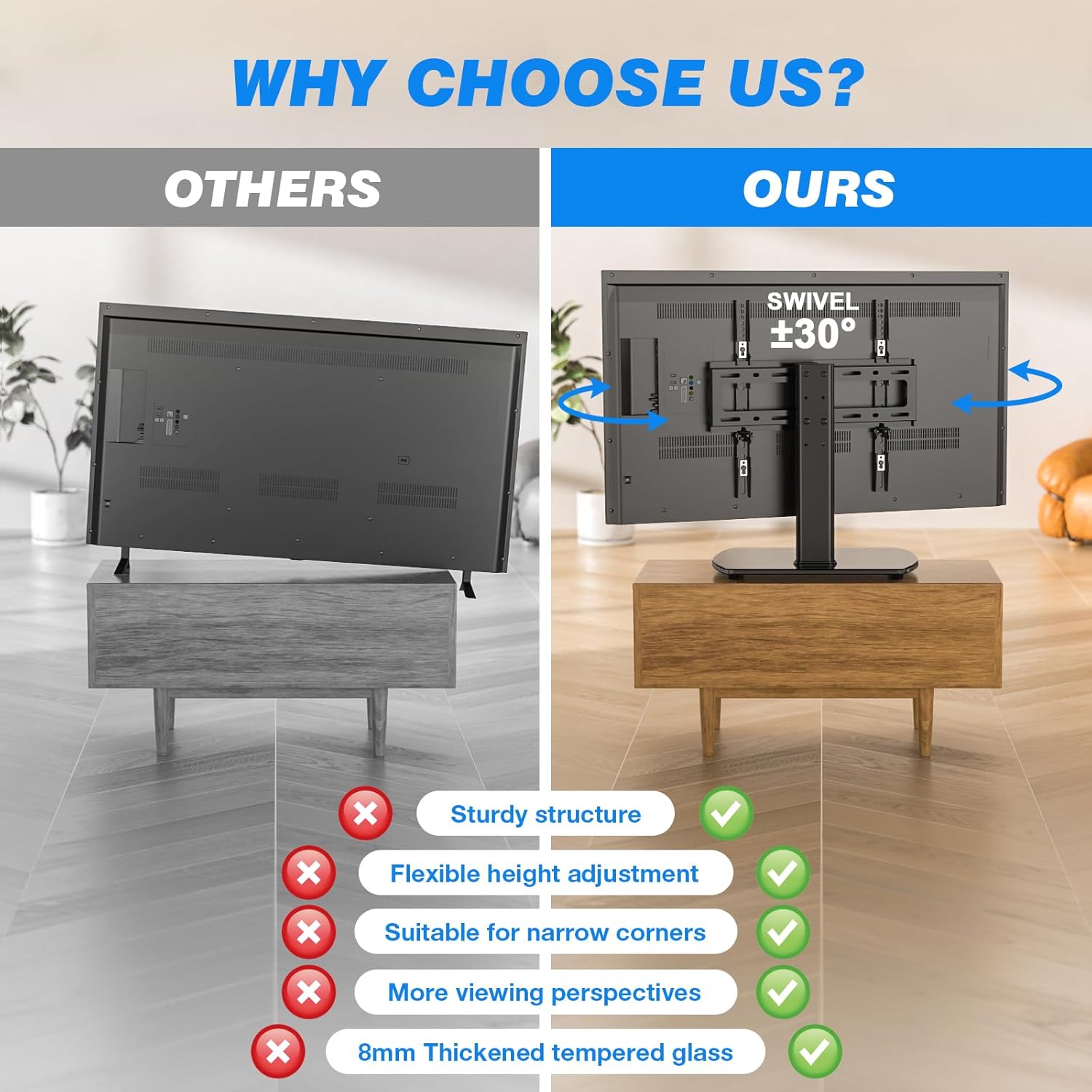 Universal Swivel TV Stand for 27-50 55 60 Inch TVs, Height Adjustable Tabletop TV Stand, Holds up to 88 lbs, TV Stand with Tempered Glass Base, Replacement TV Stand