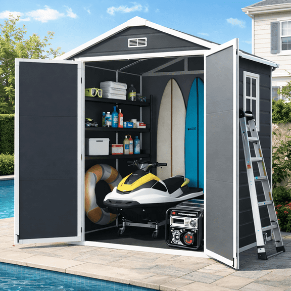 6x4FT Shed, Outdoor Storage Shed with Floor & Window, Large Patio Plastic Tool Shed Patio Cabinet for Garden Yard, Lockable Bike Shed with Padlock, as Pet Home Trash Can Storage