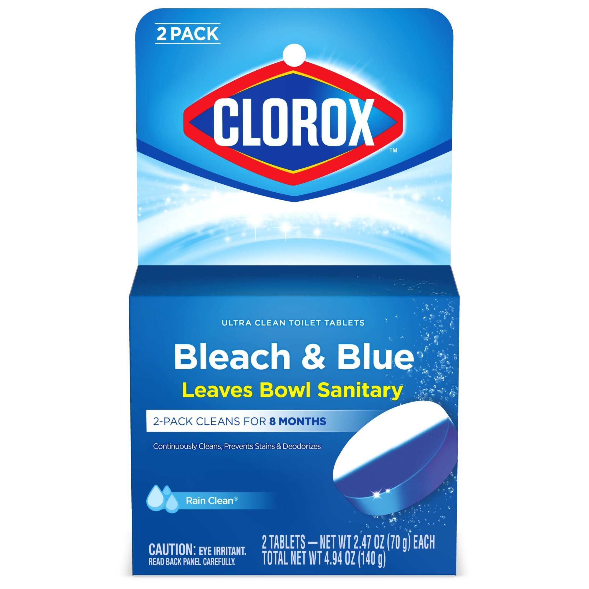 Clorox Ultra Clean Toilet Tablets Bleach & Blue, Rain Clean Scent 2.47 Ounces Each, 2 Count