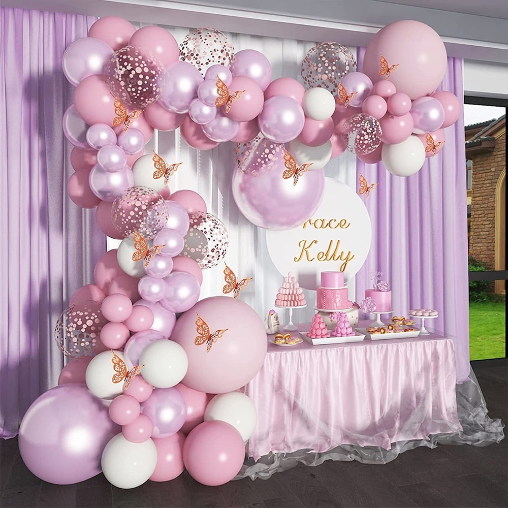 SPECOOL Pink Balloon Arch Garland Kit, Purple White Pink Confetti Metallic Purple Balloons with Butterflies for Baby Shower Birthday Wedding Decorations