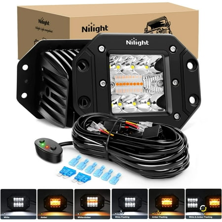 Nilight 2PCS 42W Light Pods Flush Mount Spot Flood Amber White Strobe 6 Modes Memory Function Off-Road Truck Car ATV SUV Cabin Boat with 16AWG Wiring Harness Kit-2 Leads, 2 Years Warranty
