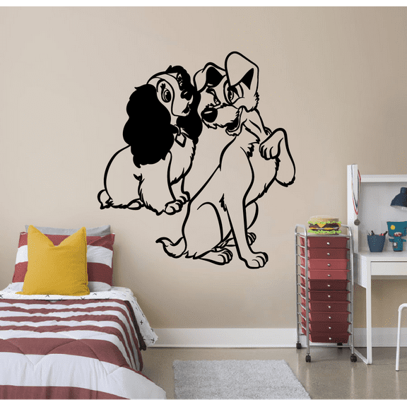 Cute Silly Lady And The Tramp Portrait Silhouette Disney Cartoon Character Wall Sticker For Kids Boys Girls Room Bedroom Home Decal Design Stickers Wall Art Vinyl Decoration Size (10x10 inch)