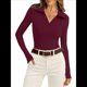 thumbnail image 1 of Camisas de Mujer de Larga, Informales, de Negocios, con Cuello en V, Suéter de Punto Acanalado, Blusas Ajustadas. Vino Tinto XL, 1 of 5