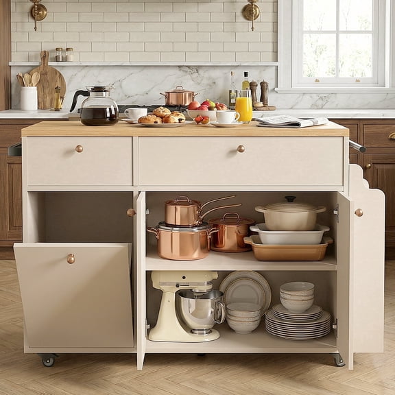 OMCPET 48" Rolling Kitchen Island with Power Outlet Drop Leaf 2 Drawers 3 Doors Trash Can Cabinet Spice Rack Towel Rack, White