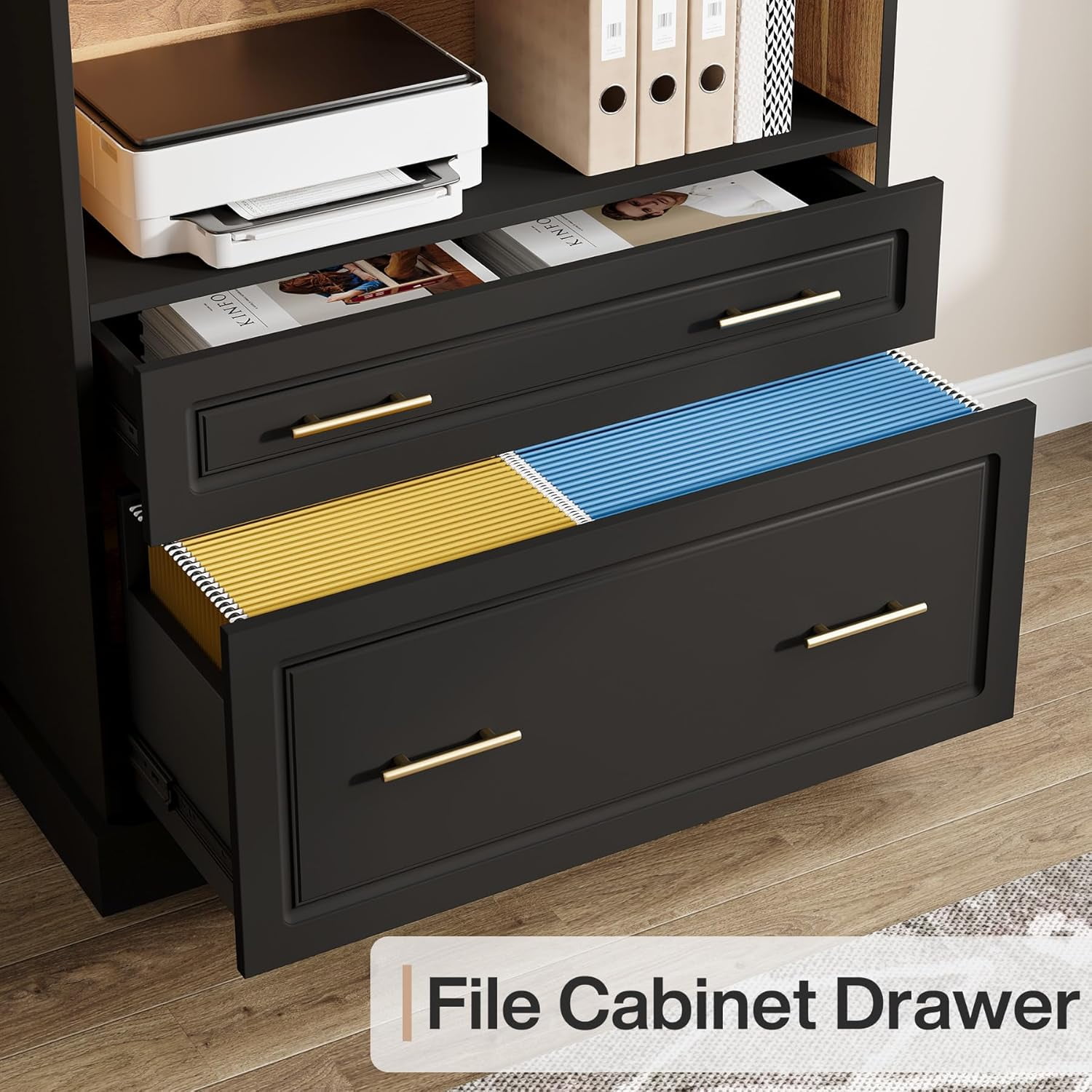Tribesigns 5-Shelf Bookcase with File Cabinet Drawer, Modern Storage Shelf for Living Room, Black