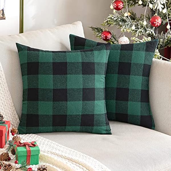 HAYAN Pack of 2 Christmas Buffalo Check Plaids Throw Pillow Covers Classic Retro Linen Farmhouse Cushion Case Soft Square Pillowcases for Home Decor Sofa Bedroom Couch 18 x 18 Inch Green and Black