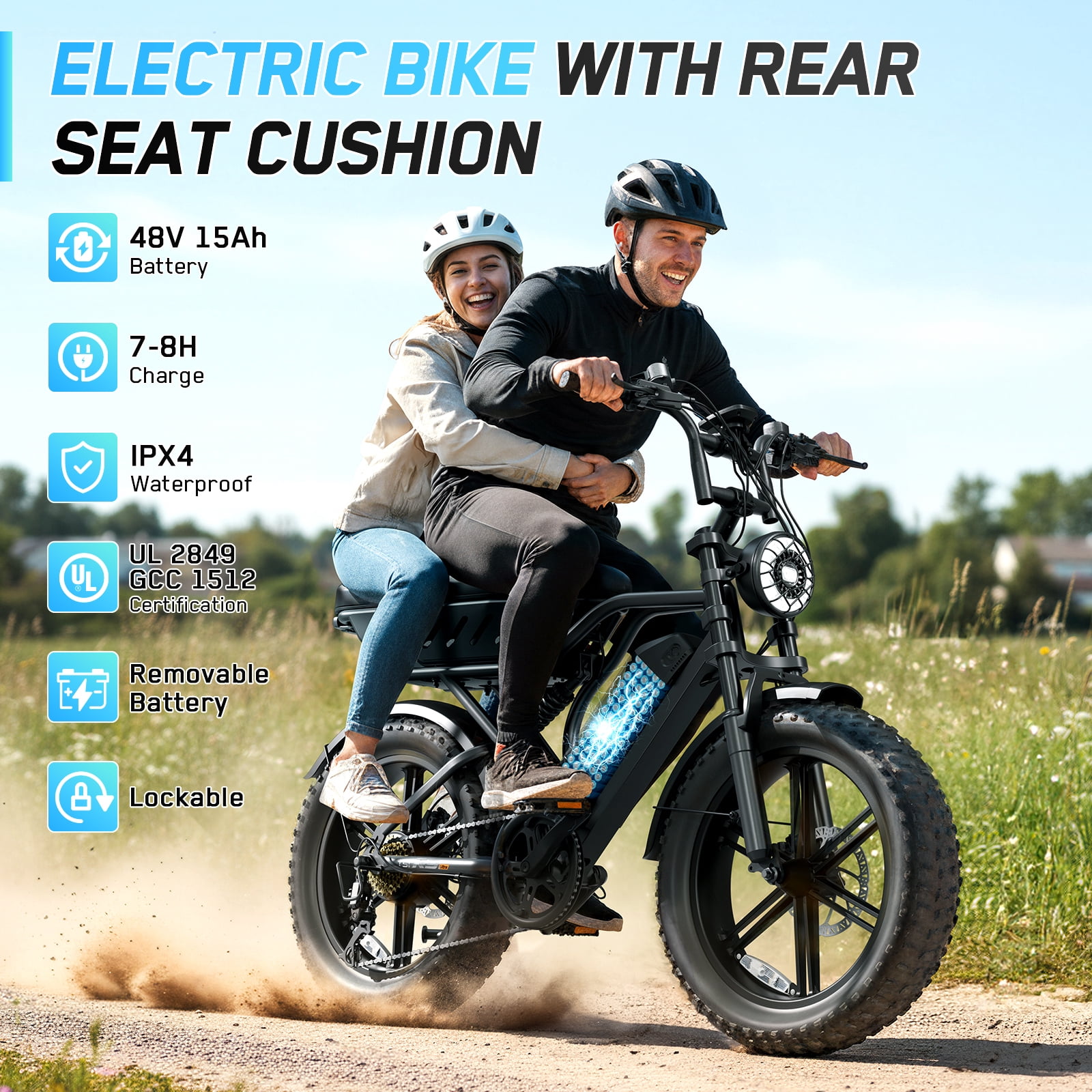 Electric Bike for Adults, 20"x4.0 Fat Tire E Bicycle, 750W Motor 48V 15Ah Removable Battery 7-Speed E-Bike UL2849, LCD Display