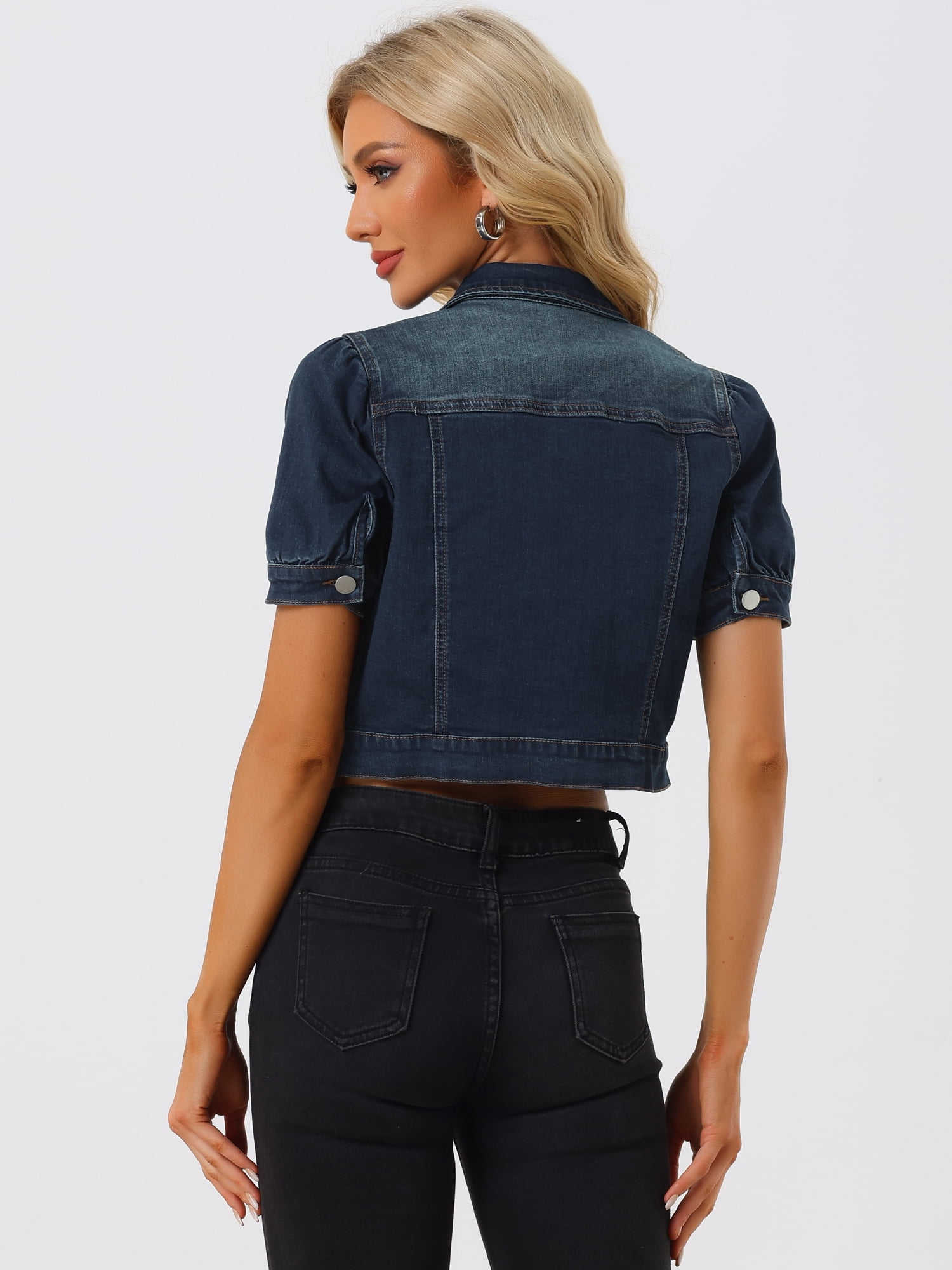 DARING DIVA Women's Cropped Jackets Puff Button Down Washed Denim Jean Jacket XL Dark Blue
