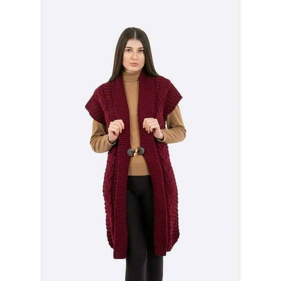 Aran Isle Sleeveless Shawl Collar Buttoned Cardigan Cable & Moss Knit 100% Virgin Wool