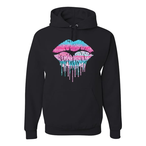Wild Bobby, Dripping Lipstick Lips Cute Pink Blue Lips Gift Beauty Makeup Lover, Streetwear, Unisex Graphic Hoodie Sweatshirt, Black, Small