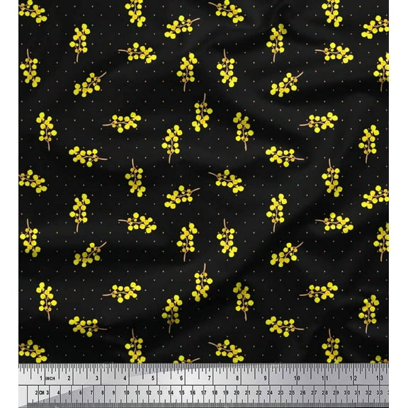Soimoi Black Cotton Voile Fabric Yellow Flower & Dots Print Fabric by Yard 42 Inch Wide