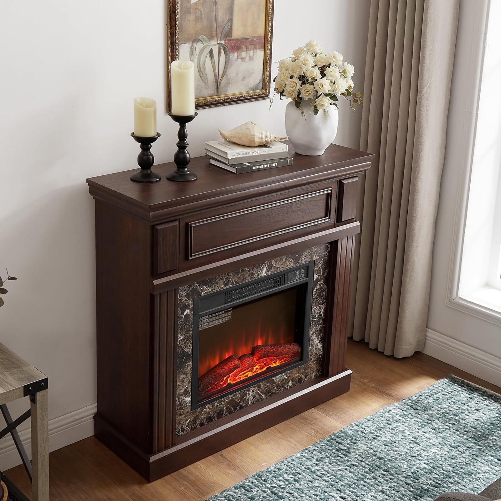 HZWDD 45" Electric Fireplace with Mantel, Fireplace Heater Freestanding, Realistic Stacked Stone Surround with Remote Control Timer LED Flame