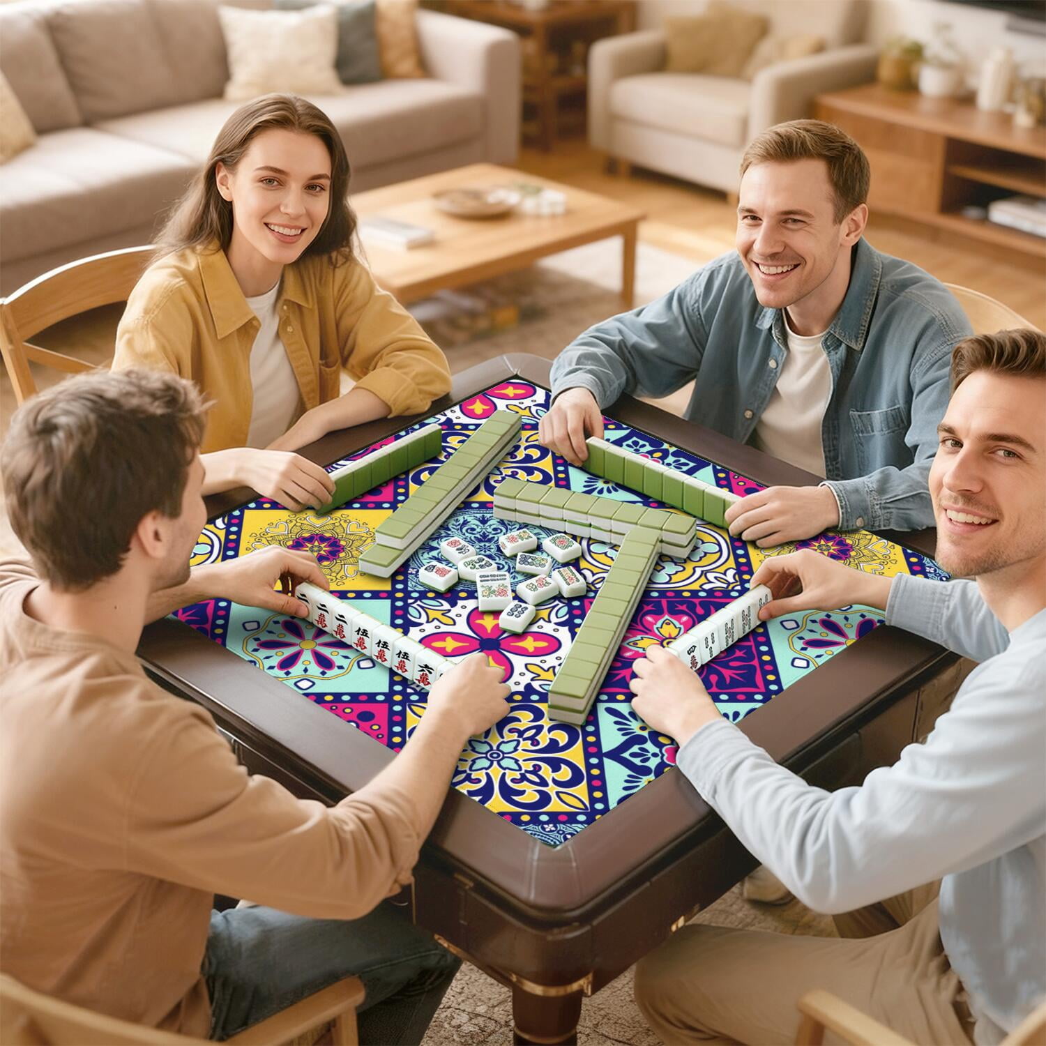 Colorful Mahjong Mat with Rules, 31.5*31.5in Anti Slip American Mahjong Mat for Table, Noise Reduction, Neoprene Mah jongg Mats with Carrying Bag & 3 Dices, Mahjong Set Gift, Board Tile Games Mats