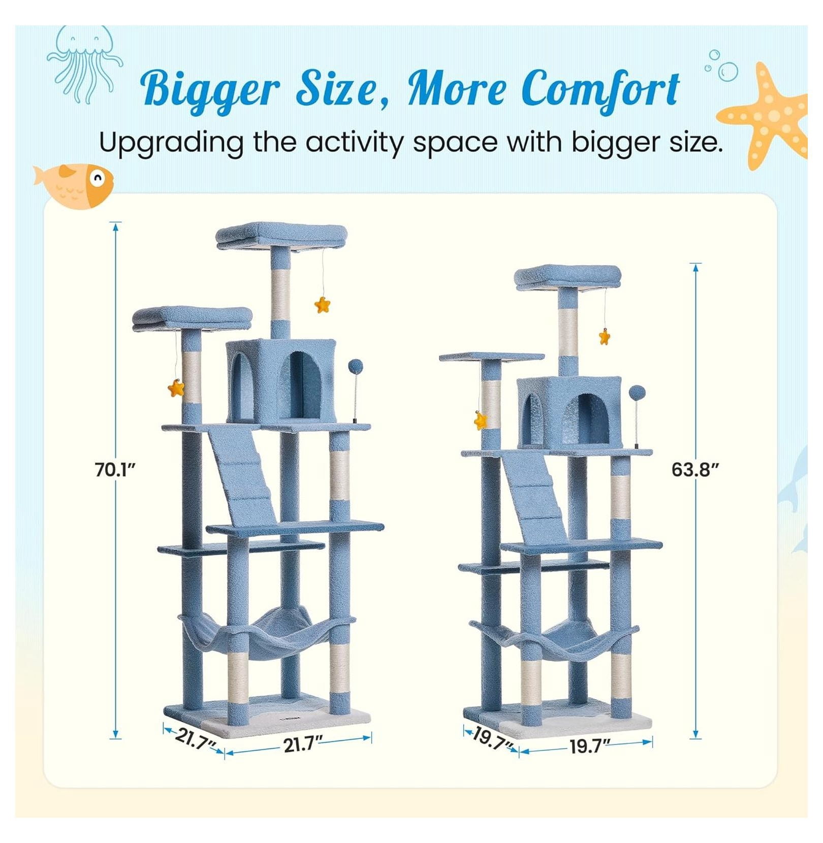 Ocean Cat Tree 70.1 Inch Tall, Multi-Level Cat Tower for Indoor Cats, Blue Plush Condo with Scratching Posts, Hammock & Toys - Large Kitten Activity Center