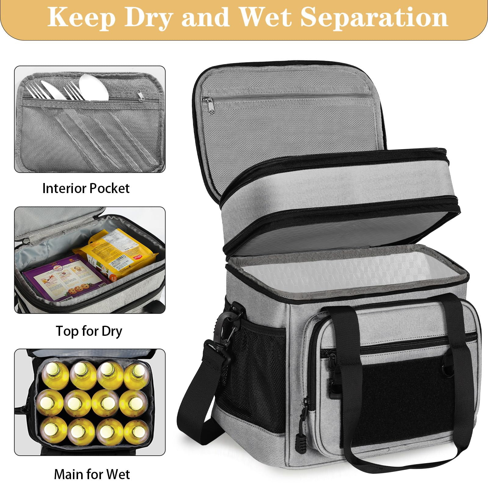 Lunch Box Cooler Bag - Expandable Insulated For Men Women Large Lunchbox Adults Work Shifts Outdoor Trips Grey 16l