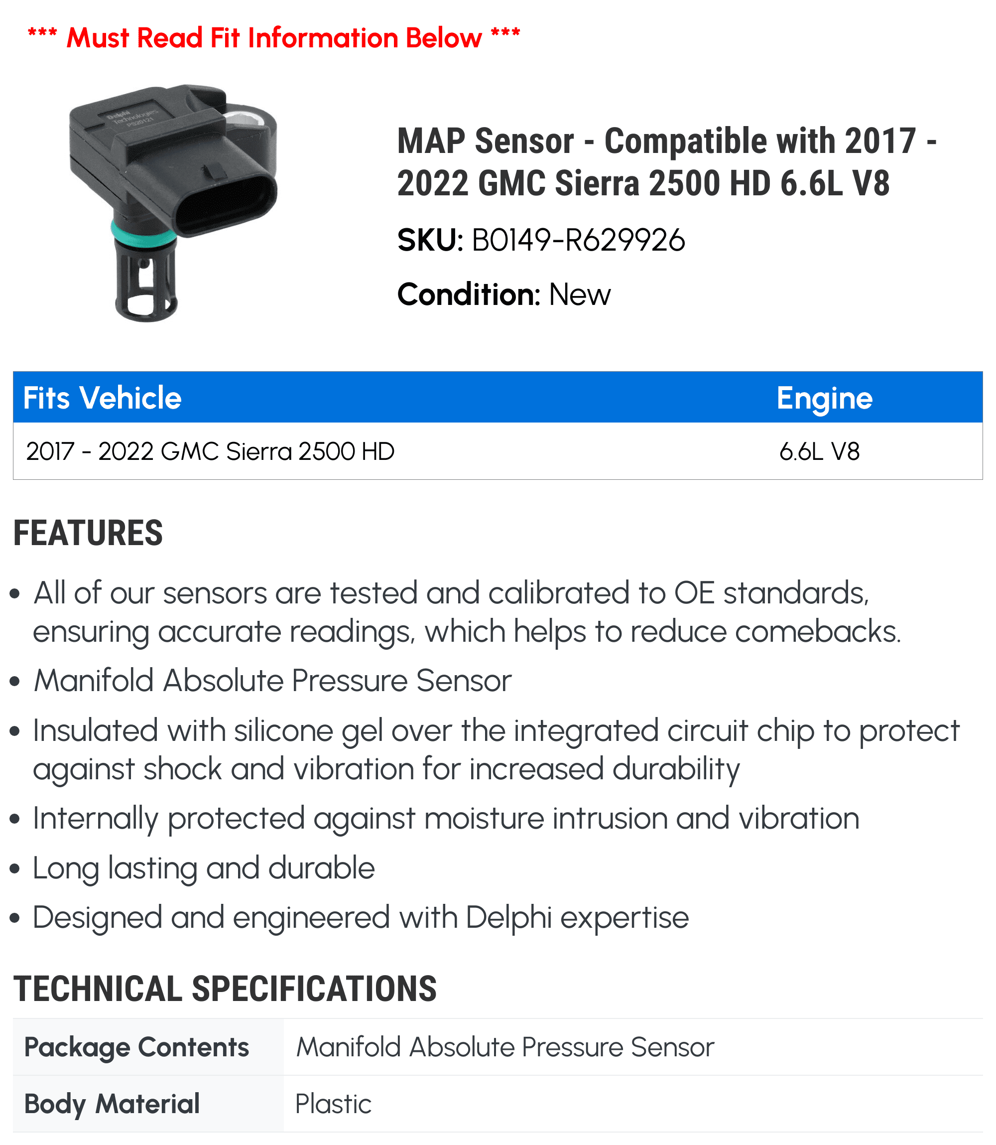 MAP Sensor - Compatible with 2017 - 2022 GMC Sierra 2500 HD 6.6L V8 2018 2019 2020 2021