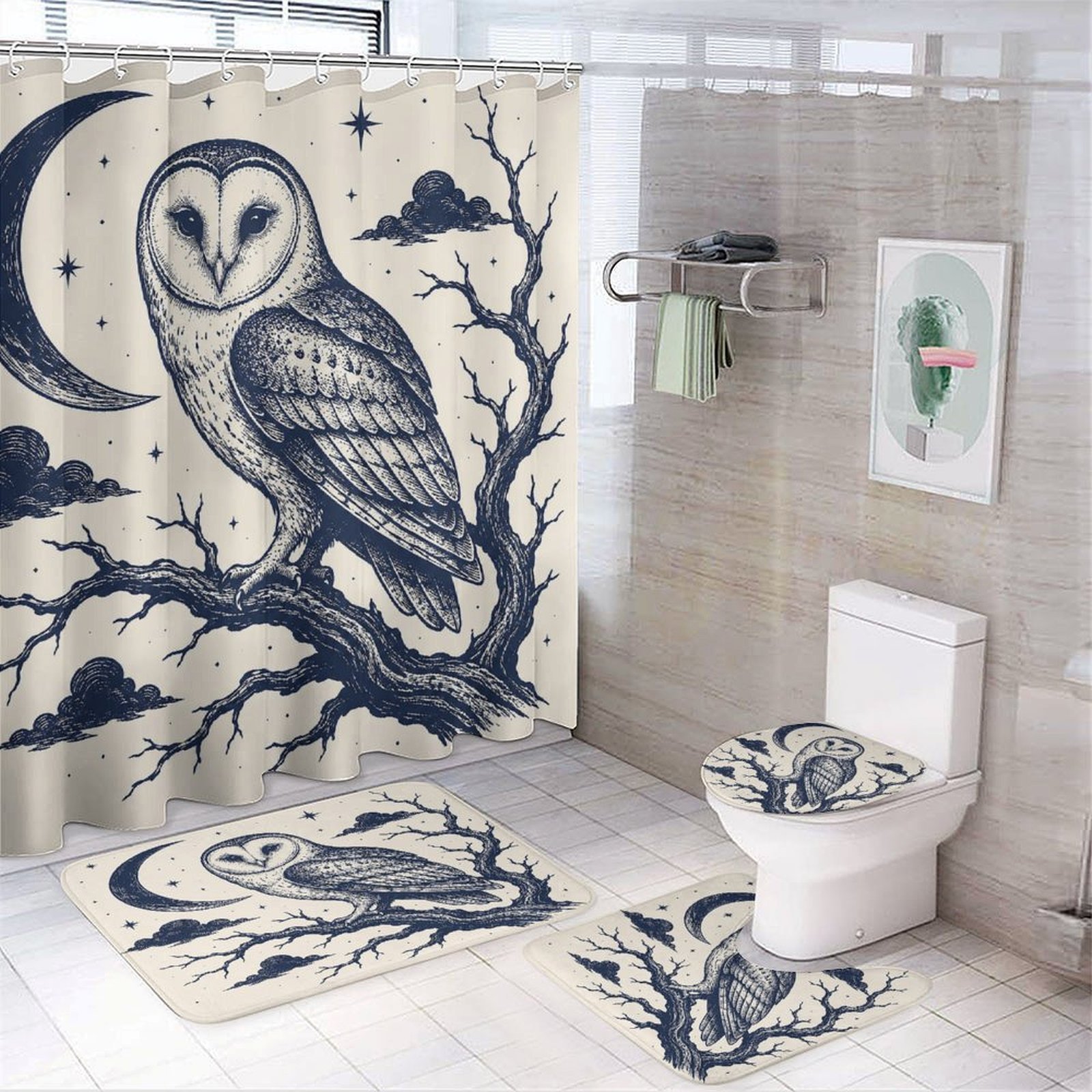 RKSupls 4PCS Owl Moon Tree Night Stars Vintage Engraving Waterproof Shower Curtain Sets with Hooks Bathroom Sets with Non-Slip Rugs Toilet Lid Cover and Bath Mat