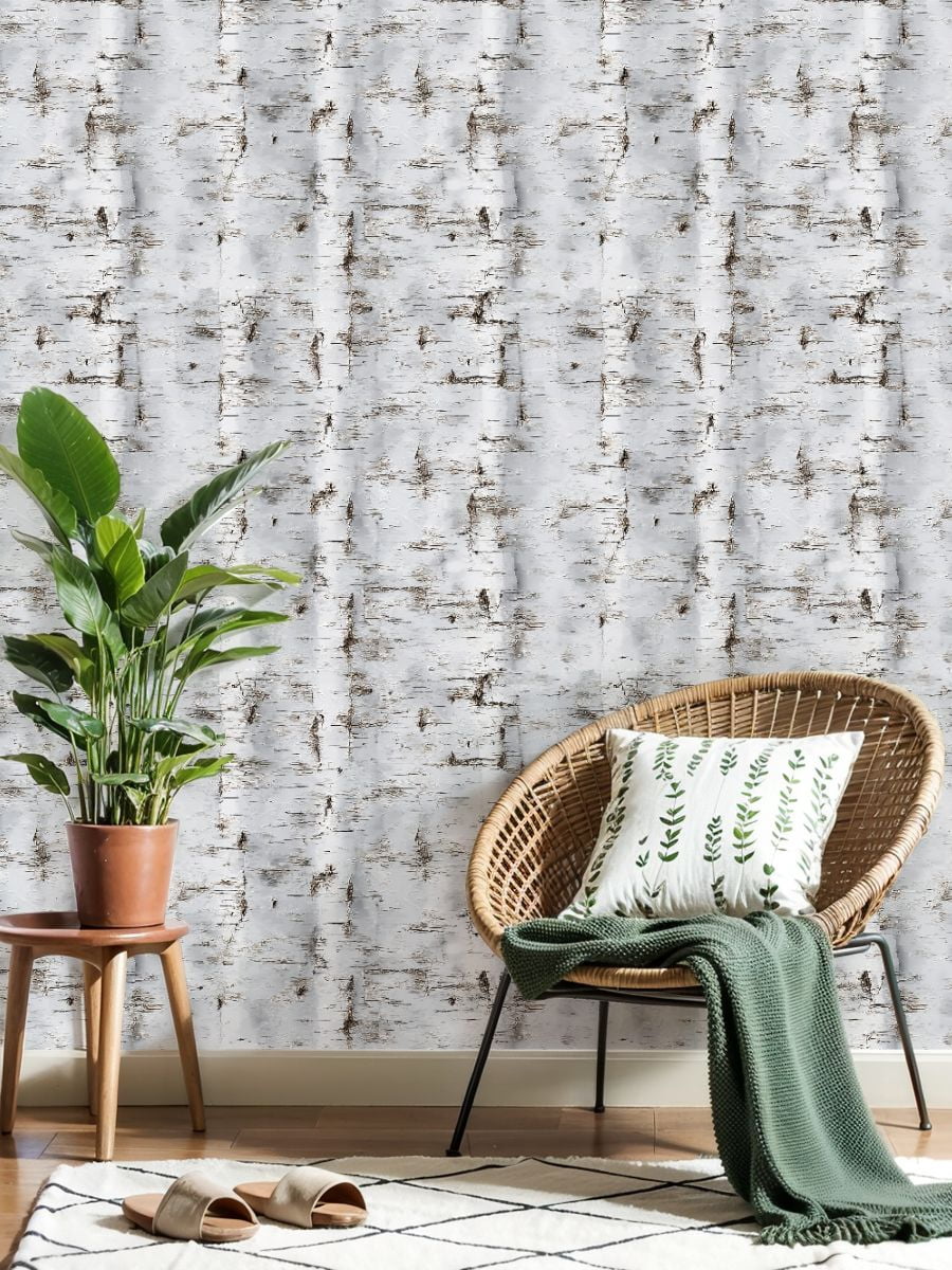 Peel and Stick Wallpaper 17.7in x 9.8ft Rustic Forest White Birch Tree Bark Natural Rustic Details Contact Paper Vinyl Waterproof Self Adhesive Wall Paper for Bedroom Shelf Cabinet Renter Friendly