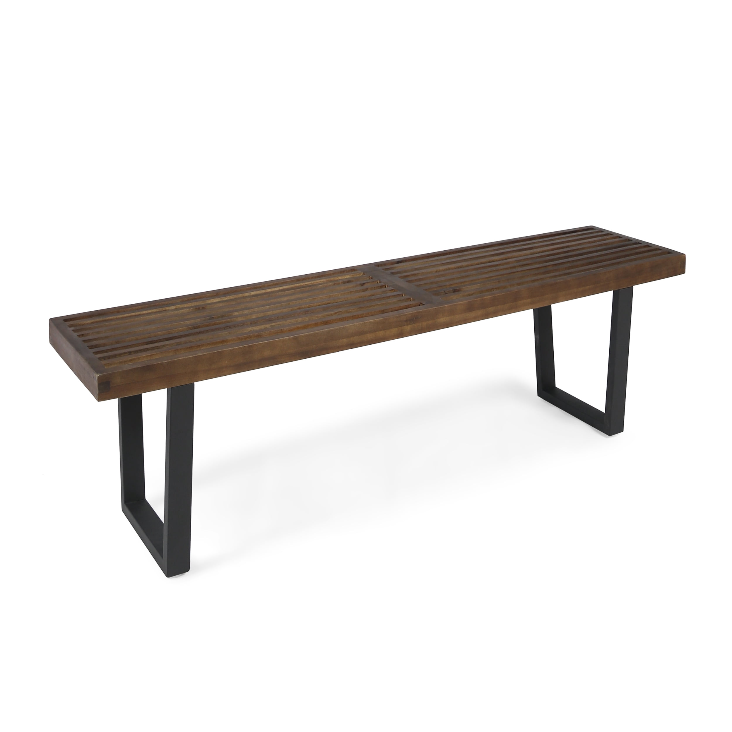 Outdoor Dining Bench with Acacia Wood and Iron Legs, Patio Bench and Garden Seating for 3 People with Adjustable Foot Pads, Dark Brown and Black