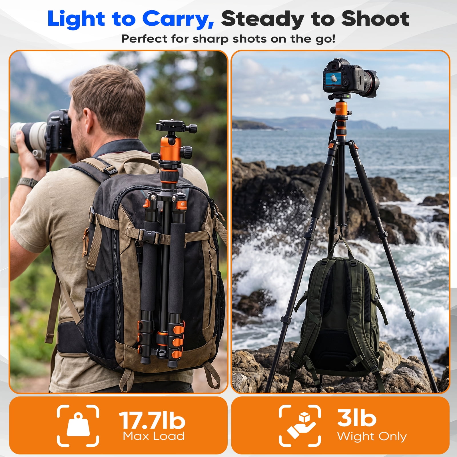 BEBANG 67" Camera Tripod for DSLR Cameras, Aluminum Travel Tripod with Monopod, 360° Ball Head, 17.6lb Load Capacity, Lightweight DSLR Tripod