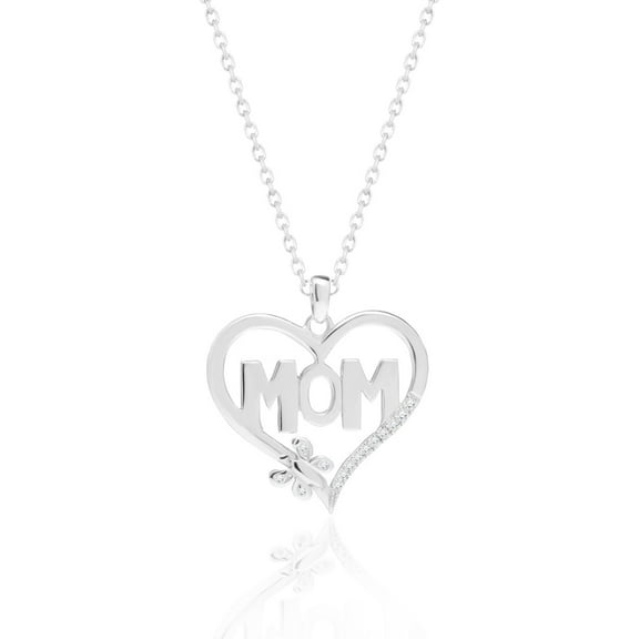 JeenMata Heart and Butterfly Mom Diamond Pendant Necklace in 18K White Gold over Silver