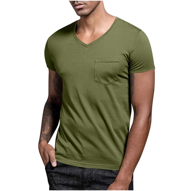 Blusas y camisas de manga corta con cuello en V para hombre, blusa informal de verano a la moda de color liso con bolsillos y manga corta con cuello en V para hombre