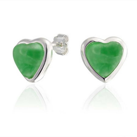 Green Jade Set - Gemstone Dyed Green Jade Heart Shaped Bezel Set Stud Earrings For Women For Girlfriend 925 Sterling Silver