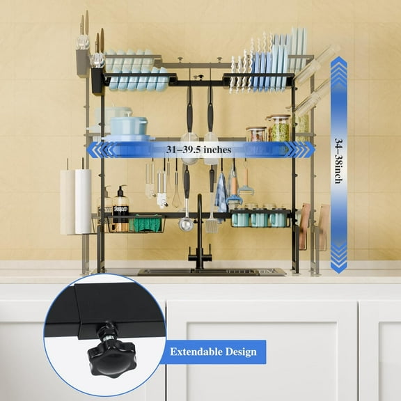 Over The Sink Dish Drying Rack XLarge 3 Tier with 6 Baskets, Extendable Stainless Steel Drying Rack for Kitchen Space Saving