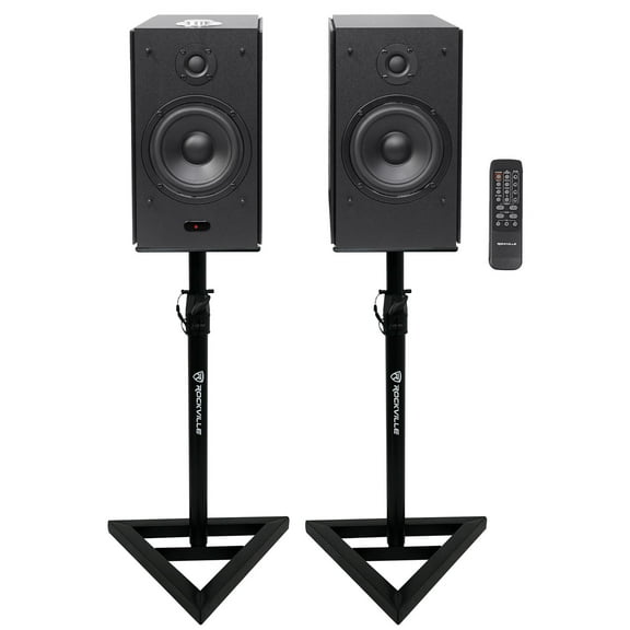 Pair Rockville HD5 5" 150w RMS Bluetooth Bookshelf Home Speakers Stands - Black