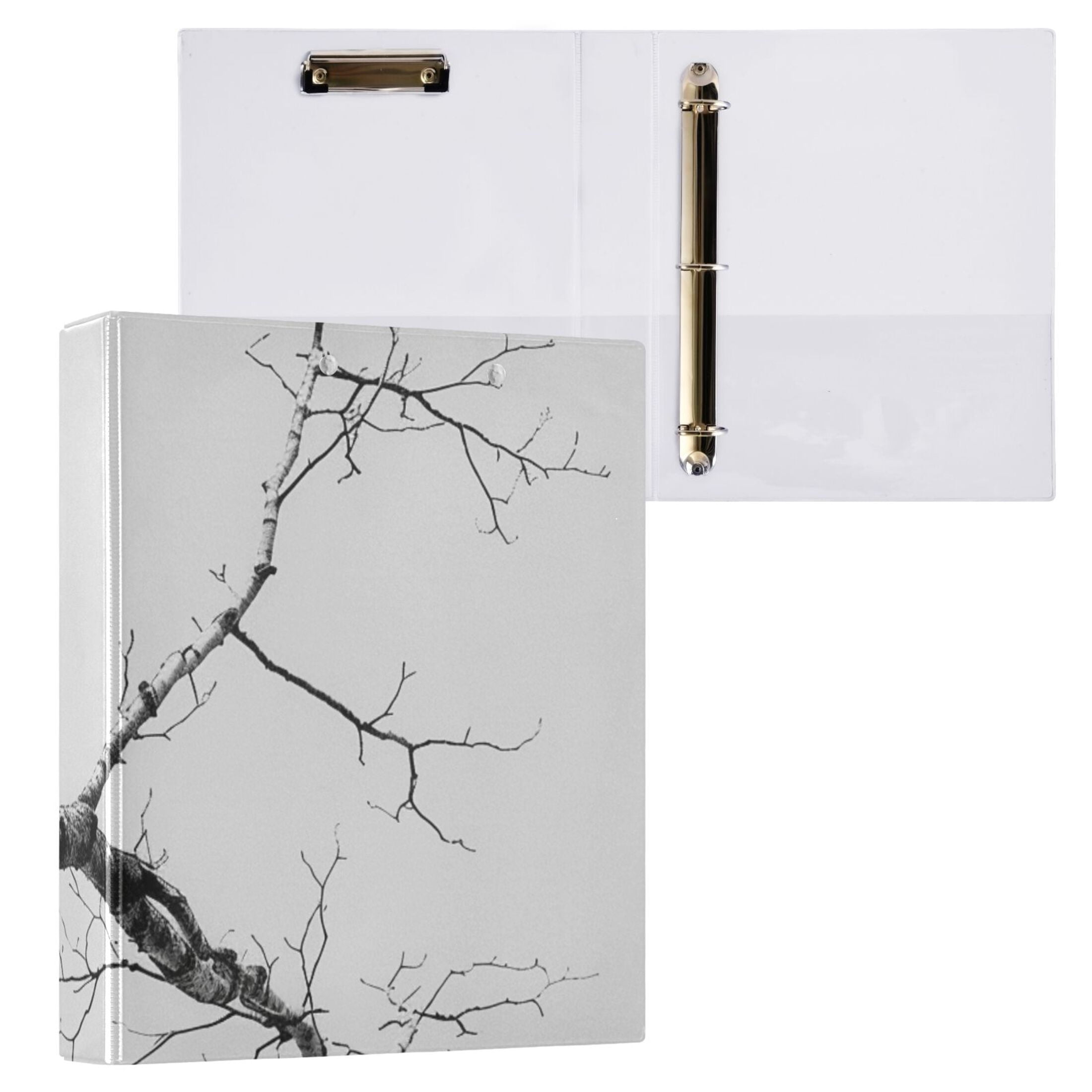 Gray Tree Branch 3 Ring Binders 1.5 inch Hardcover File Folders with Interior Pockets A4 Size Organizer for School Office Hospital