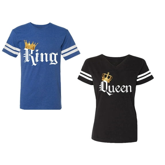 King & Queen Color Unisex Couple Matching Cotton Jersey style T-Shirt Contrasting stripes on sleeves (Men Royal / Women Black) (Men S / Women S)