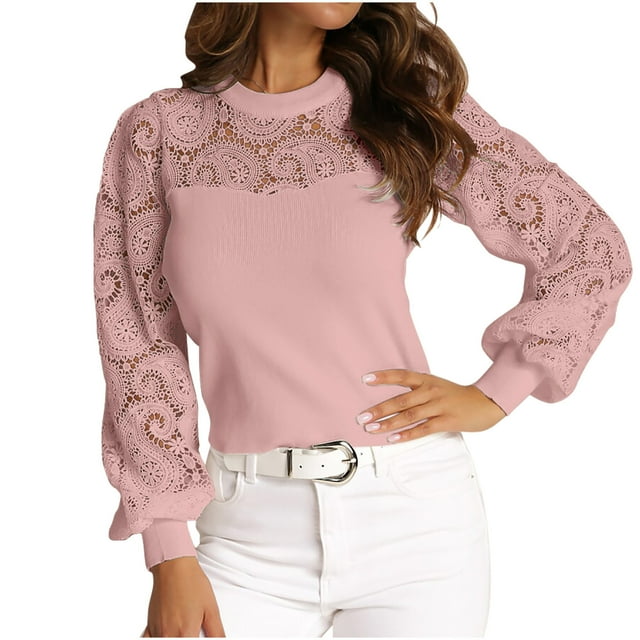 Timegard Hauts pour Femmes Blouse à Manches Longues en Dentelle Col Rond Mignonne Décontractée Ajustée pour l'Automne