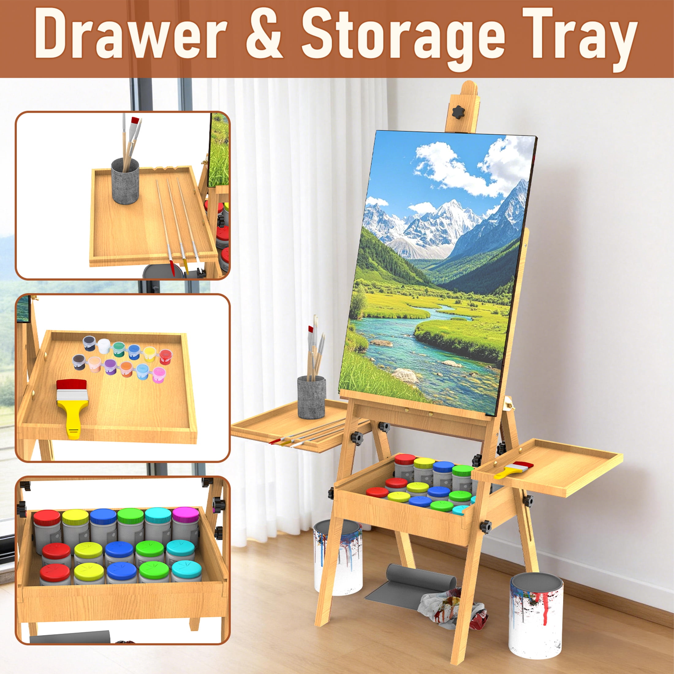 Yacona Art Easel for Painting, Wooden Easel for Adults, H-Frame with Storage Drawer, Natural Style