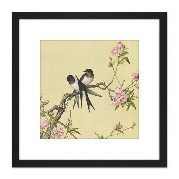 Castiglione Peach Blossom Birds Painting 8X8 Inch Square Wooden Framed Wall Art Print Picture with Mount