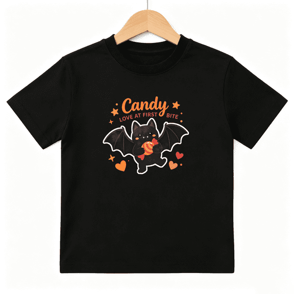 Cute Bat with Candy Girls Graphic Tee Halloween Sweet Treat 100% Cotton Kids Short Sleeve T-Shirt 4-13Y