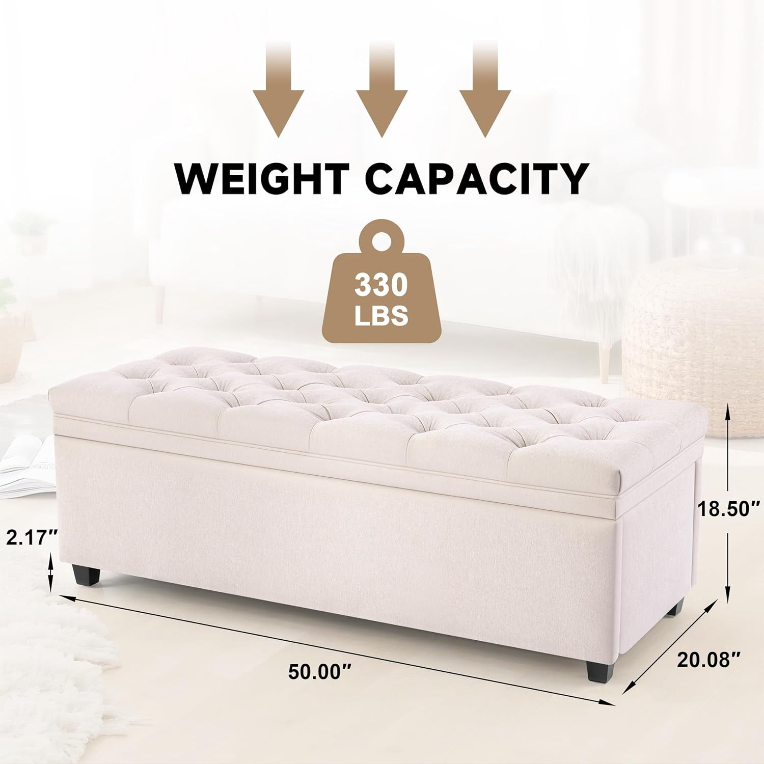Mangodan 50" Storage Ottoman Bench, Tufted Ottoman With Storage Bench for Living Room, Large End of Bed Bench Ottomans, Modern Entryway Benches, Window & Bedroom Benches for Foot of Bed, Beige