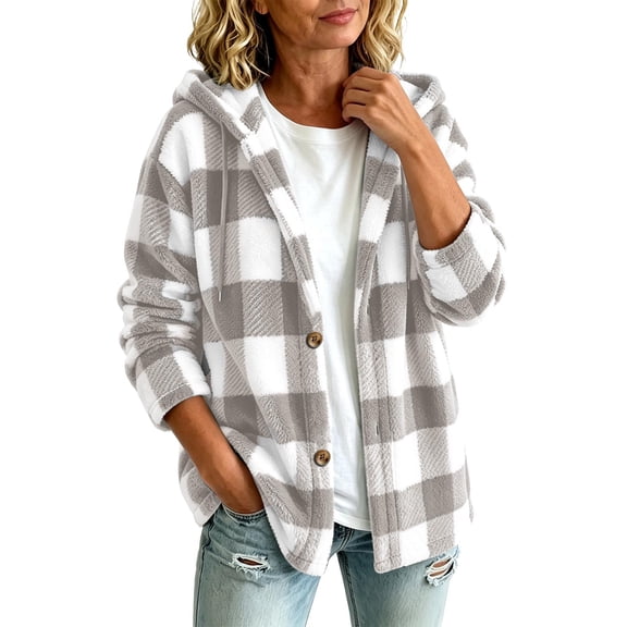 Admvng Women's Checkered Jacket Hooded Long Sleeve Casual Warm Outerwear