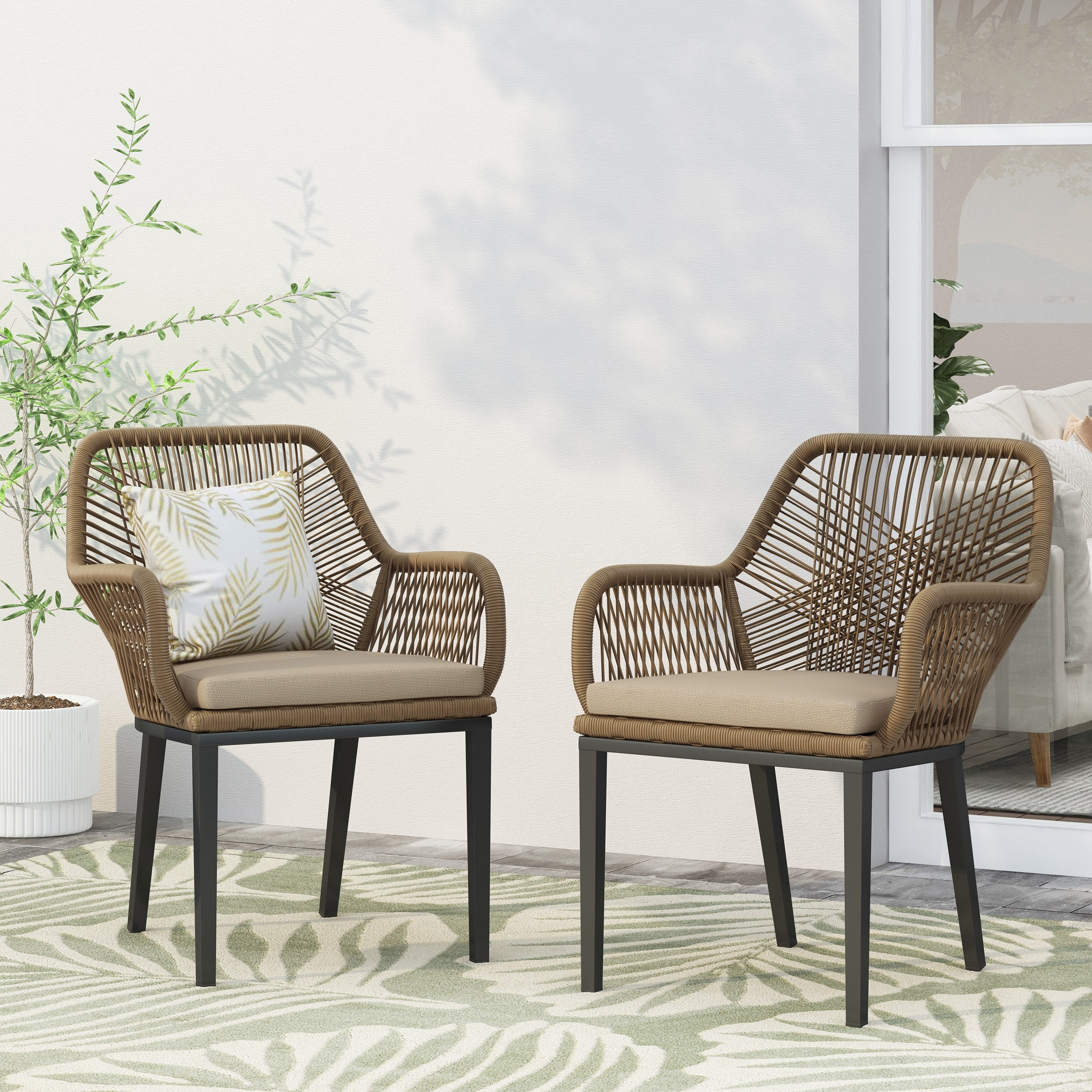 Chair Set of 2, Outdoor PE Rattan Wicker Dining Chairs for Patio Garden, Brown