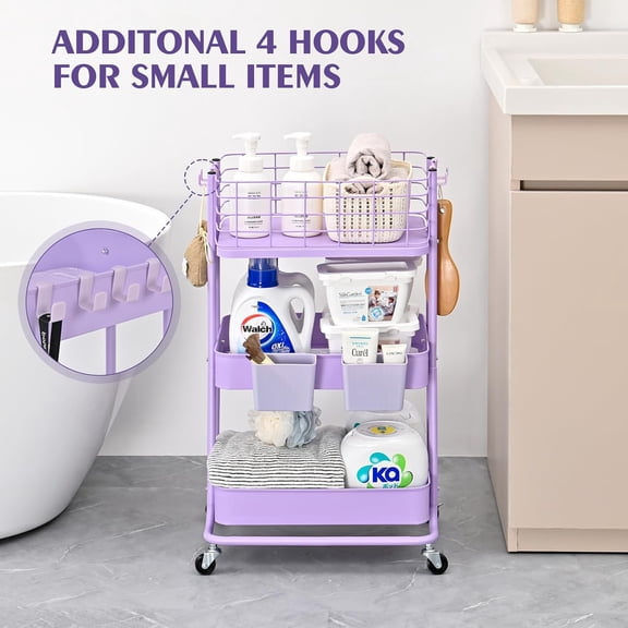 3-Tier Metal Utility Rolling Cart – Mobile Storage Organizer Trolley with Lockable Wheels, Anti-Fall Edge for Kitchen, Office, Bathroom, Purple