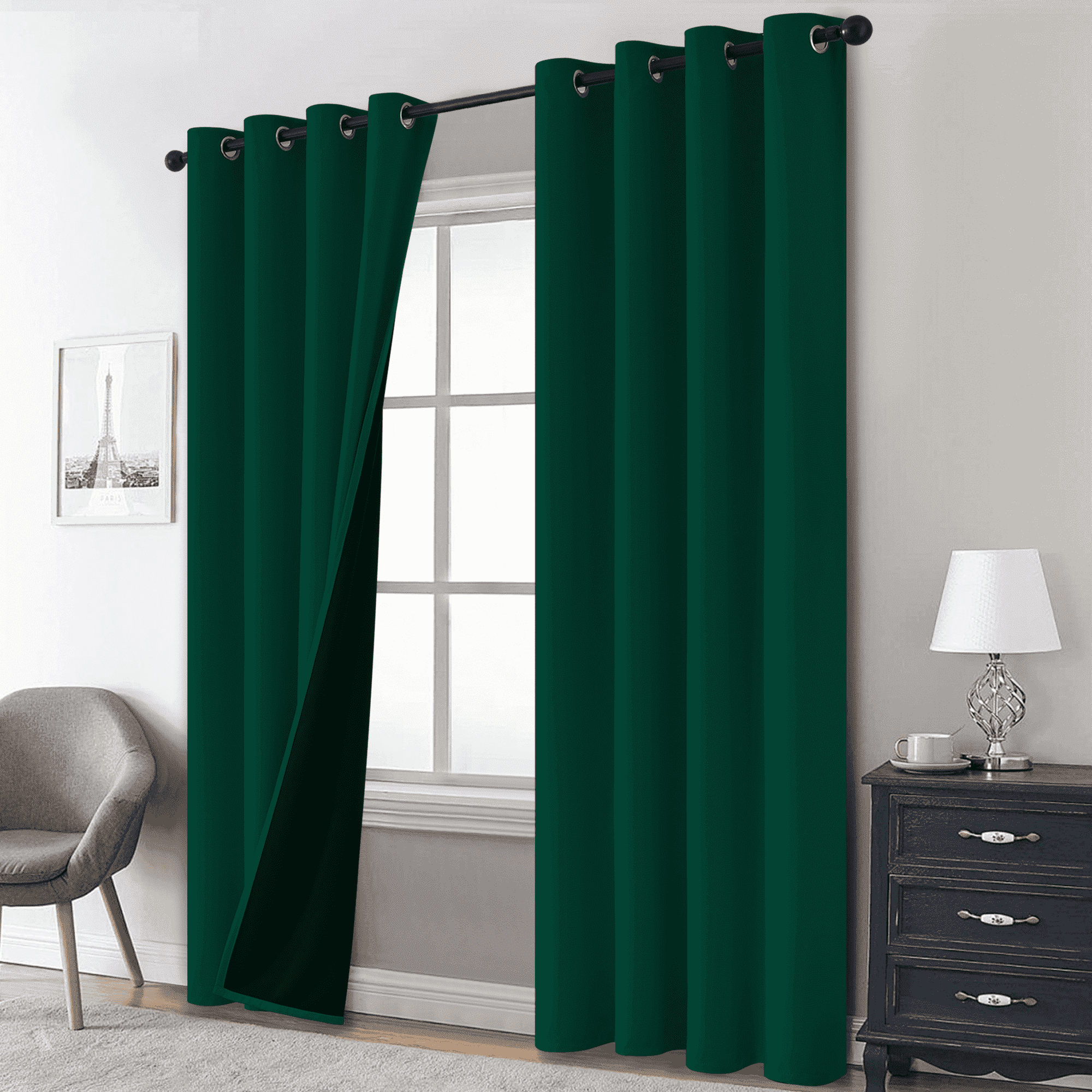 Yakamok 100% Blackout Curtains, Dark Green Curtains for Bedroom 84 inch Length with Black Backing Solid Grommet Panels for Living Room 2 Panels, 52Wx84L