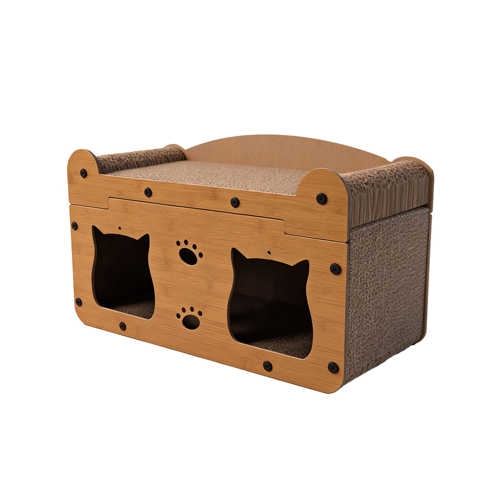 Cat Scratcher House, 2 in 1 Cat Bed and Cave with Hanging Ball Toys, Wooden Scratching Board for Kittens and Adult Cats