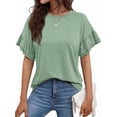 thumbnail image 1 of Hauts à Manches Courtes pour Femmes T-Shirts d'Été Décontractés à Volants Col Ras du Cou Blouse Mode Vert Haricot L, 1 of 9