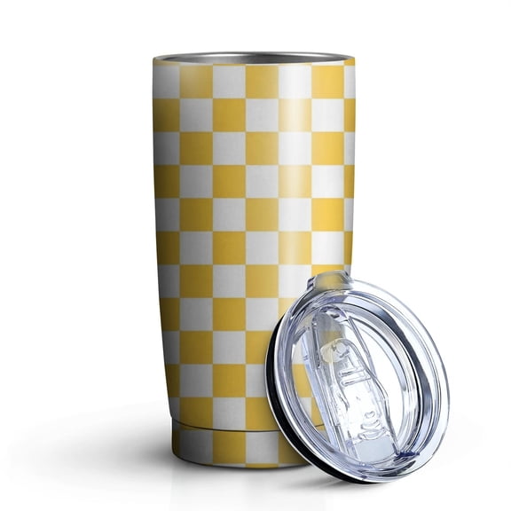 20oz Tumblers Yellow White Checkerboard Checkered Pattern Stainless Steel Vacuum Insulated Double Wall Travel Tumbler Cups Mug with Lid and Straw,Cleaning Brush for Cold & Hot Drinks